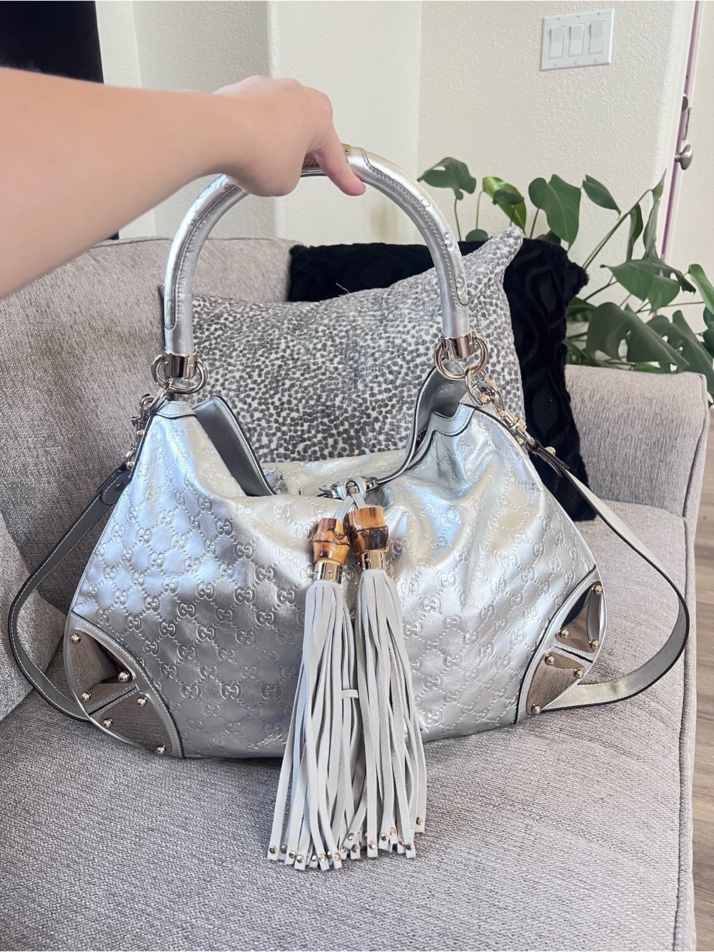 Gucci Tom Ford Indy Silver Metallic GG-Embossed Tassel Shoulder Bag